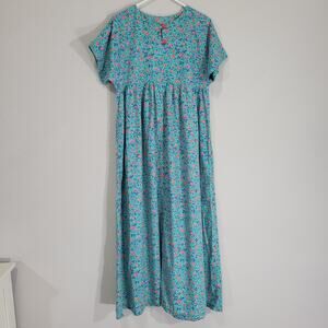 Handmade Floral Maxi Dress Womens Medium Turquoise Teal Short Sleeve Cottagecore
